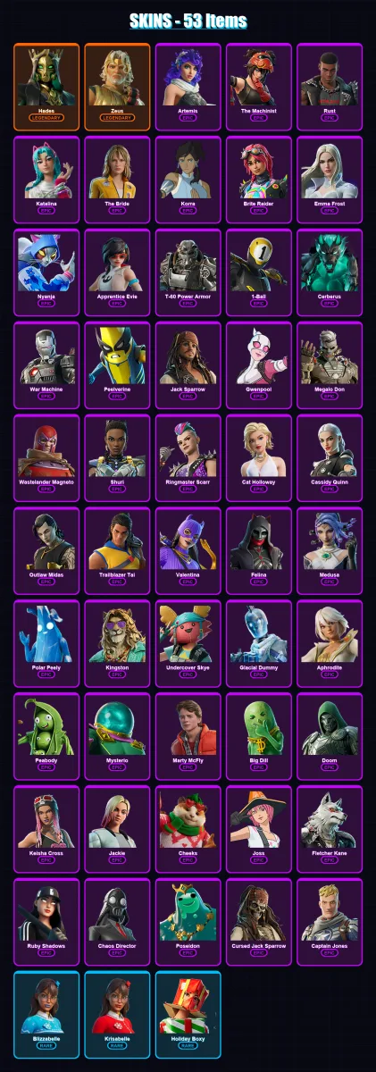 [PC/XBOX/PSN] | Hades | Zeus | Artemis | The Machinist | Rust | 53 skin | 94 pickaxe | 68 emote | 64 glider | Lv1063 — Fortnite account