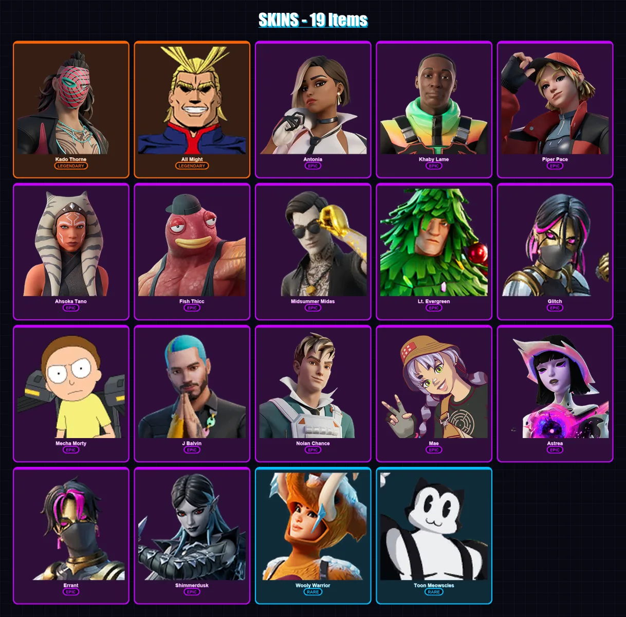 [PC/PSN] | Kado Thorne | All Might | Antonia | Khaby Lame | Piper Pace | 19 skin | 26 pickaxe | 23 emote | 20 glider | Lv273