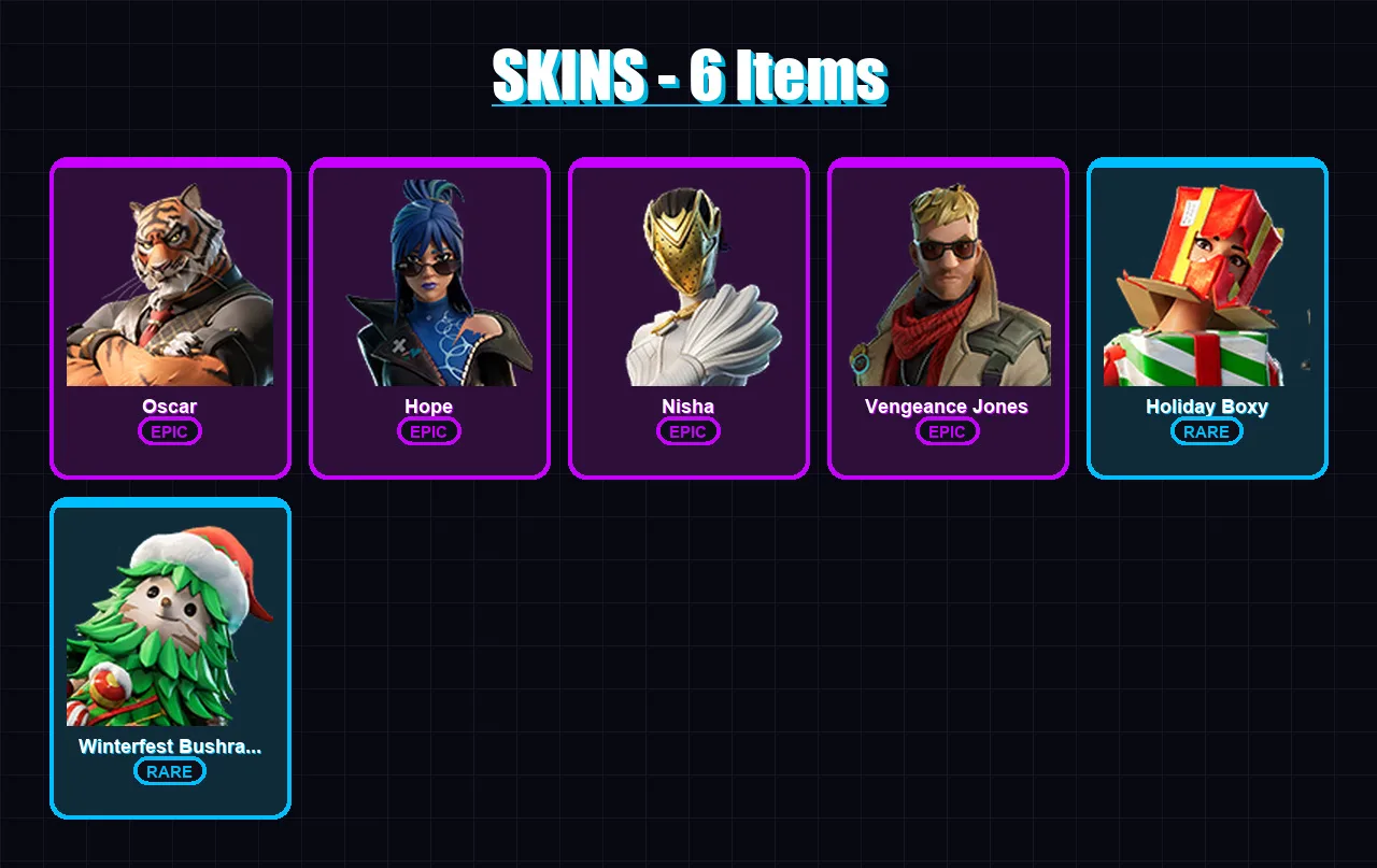 [PC/XBOX/PSN] | Oscar | Hope | Nisha | Vengeance Jones | Holiday Boxy | 6 skin | 8 pickaxe | 3 emote | 9 glider | Lv83