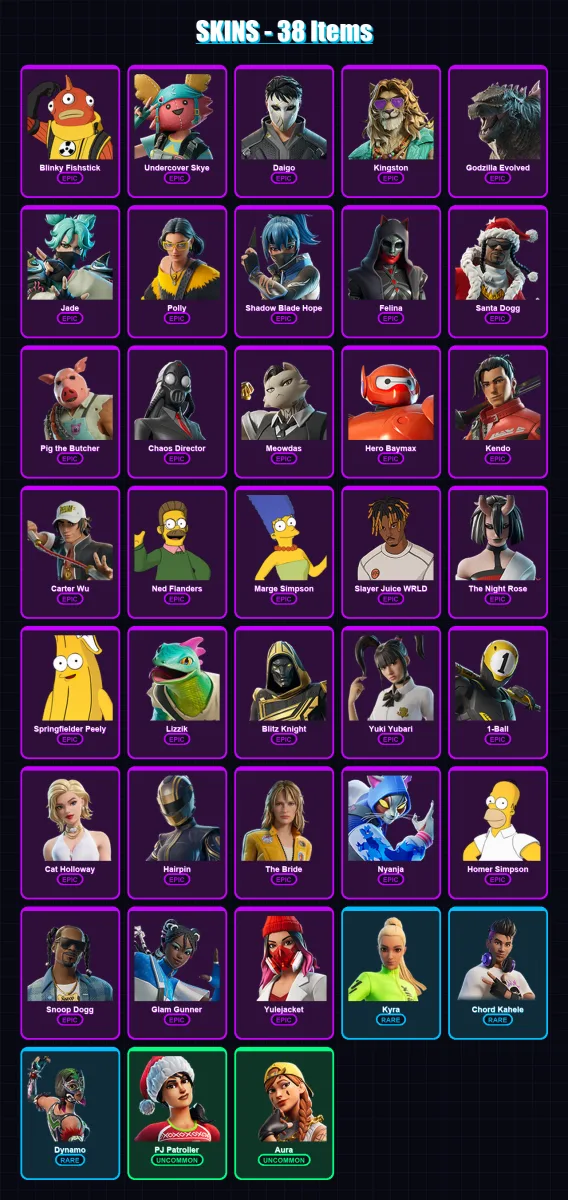 [PC/XBOX] | Blinky Fishstick | Undercover Skye | Daigo | Kingston | Godzilla Evolved | 38 skin | 71 pickaxe | 38 emote | 47 glider | Lv653