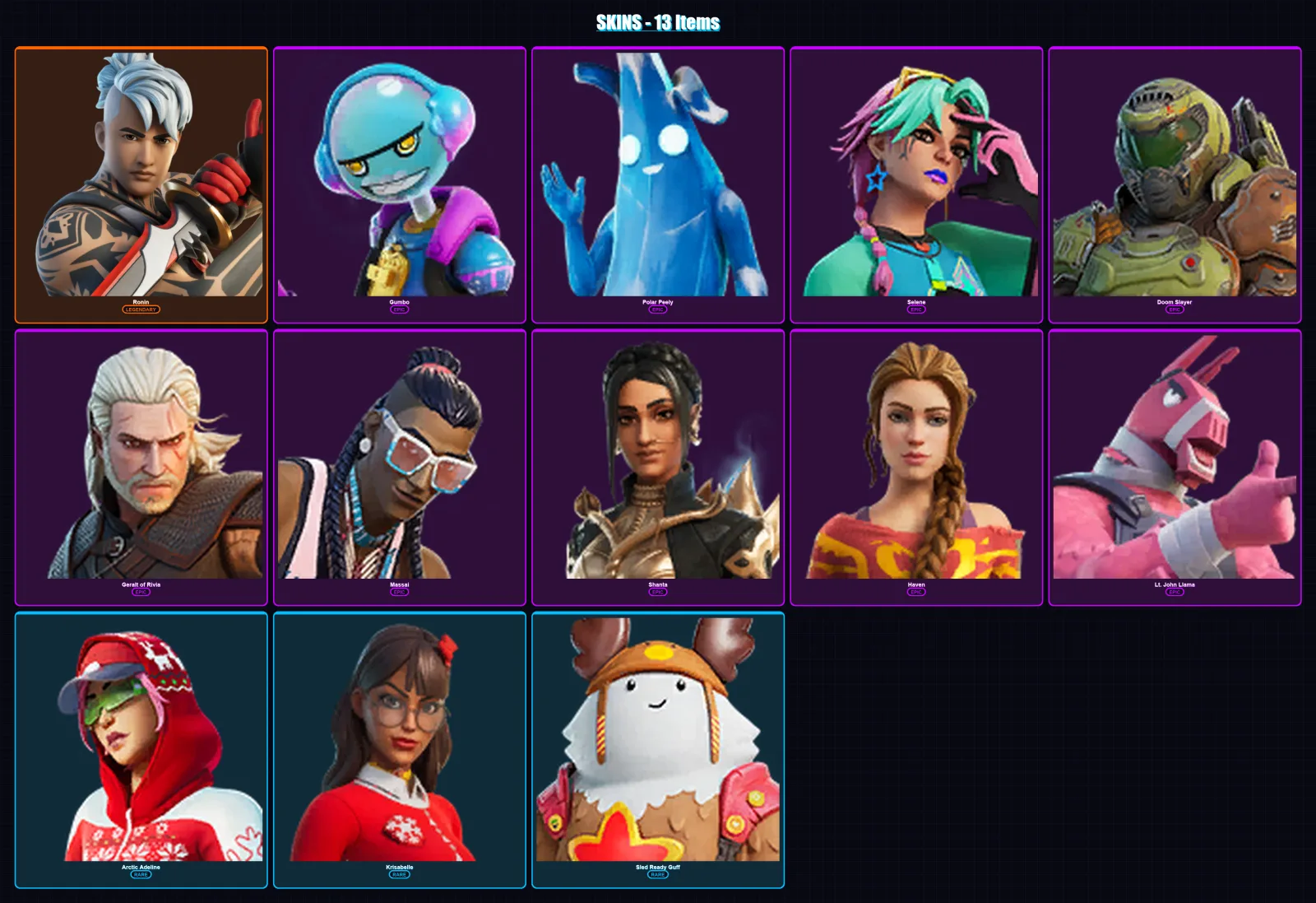 [PC/PSN] | Ronin | Gumbo | Polar Peely | Selene | Doom Slayer | 13 skin | 24 pickaxe | 22 emote | 30 glider | Lv406