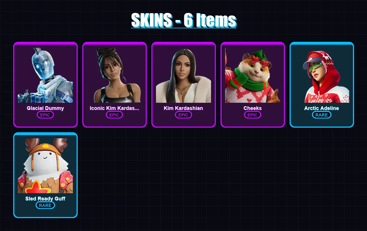 [PC/XBOX/PSN] | Glacial Dummy | Iconic Kim Kardashian | Kim Kardashian | Cheeks | Arctic Adeline | 6 skin | 11 pickaxe | 6 emote | 9 glider | Lv40