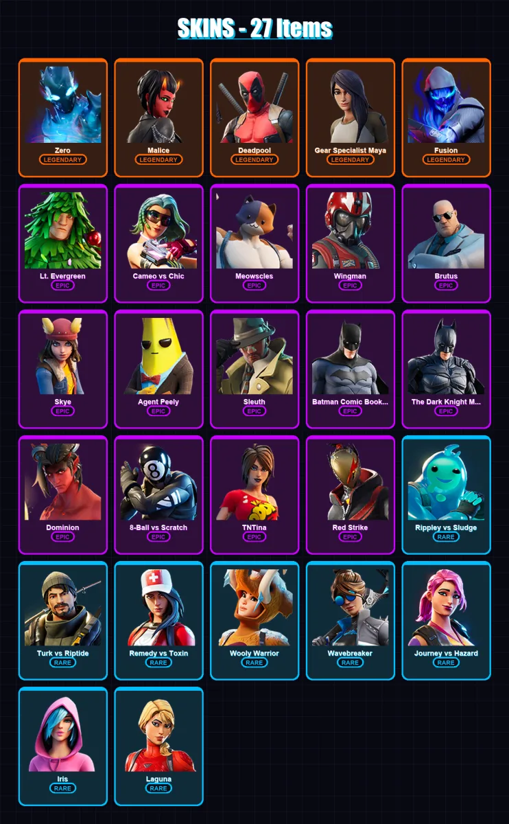 [PC/PSN] | Zero | Malice | Deadpool | Gear Specialist Maya | Fusion | 27 skin | 27 pickaxe | 50 emote | 37 glider | Lv484