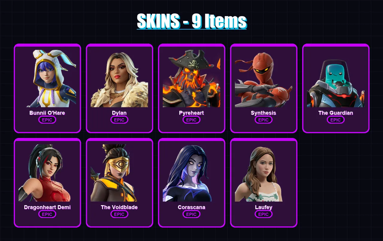 [PC/XBOX/PSN] | Bunnii O'Hare | Dylan | Pyreheart | Synthesis | The Guardian | 9 skin | 12 pickaxe | 6 emote | 8 glider | Lv32