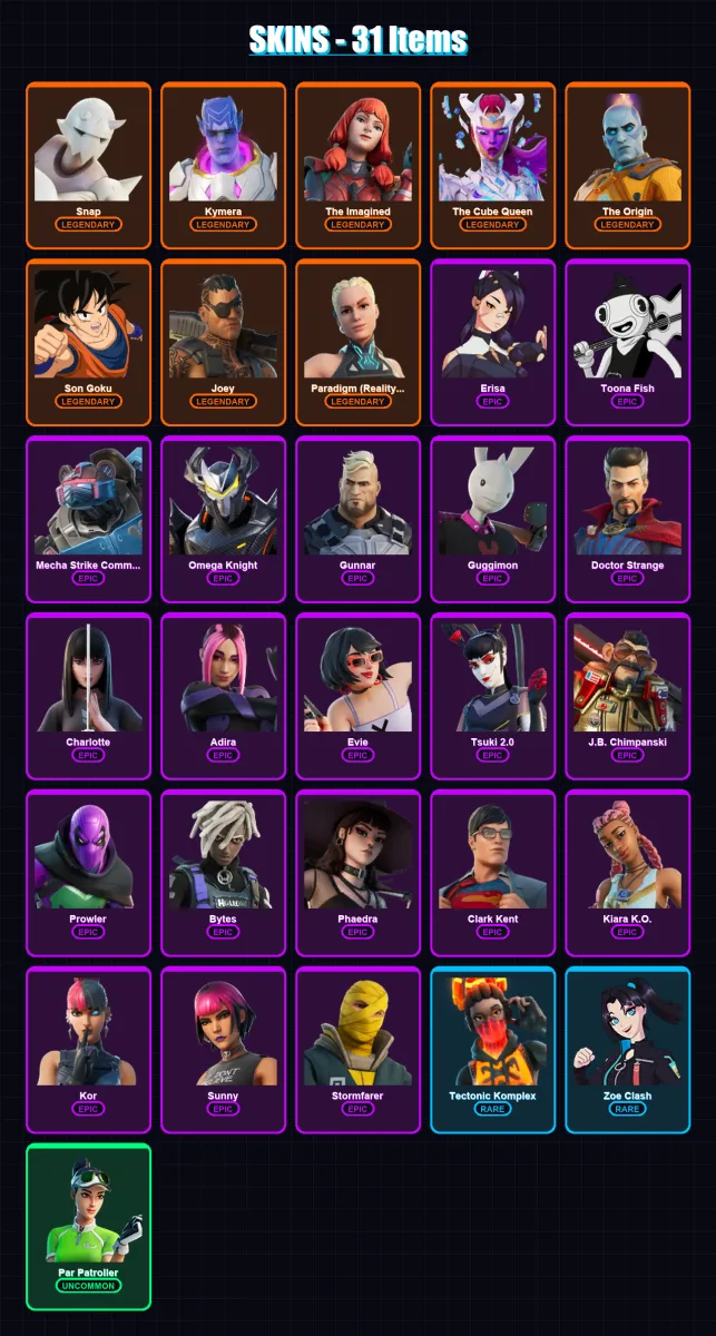 [PS4/PS5/XBOX/PC] | Snap | Kymera | The Imagined | The Cube Queen | The Origin | 31 skin | 39 pickaxe | 20 emote | 34 glider | Lv490