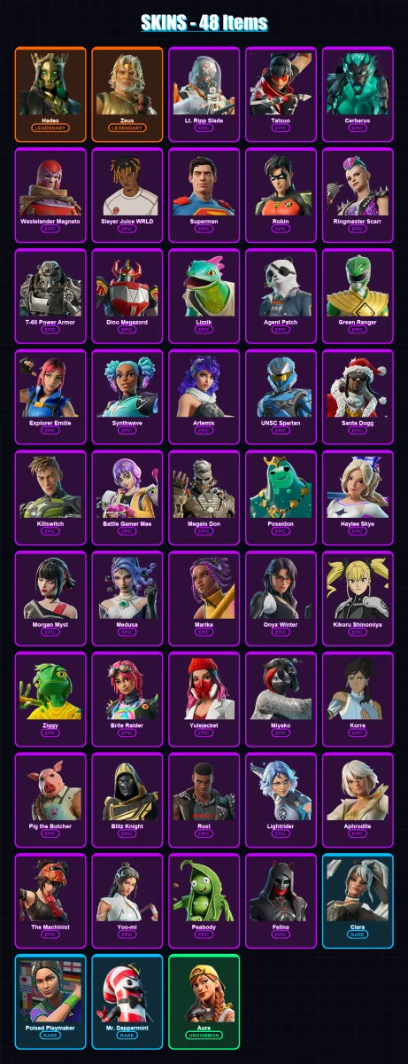 [PC/PSN] | Hades | Zeus | Lt. Ripp Slade | Tatsuo | Cerberus | 48 skin | 89 pickaxe | 55 emote | 56 glider | Lv990