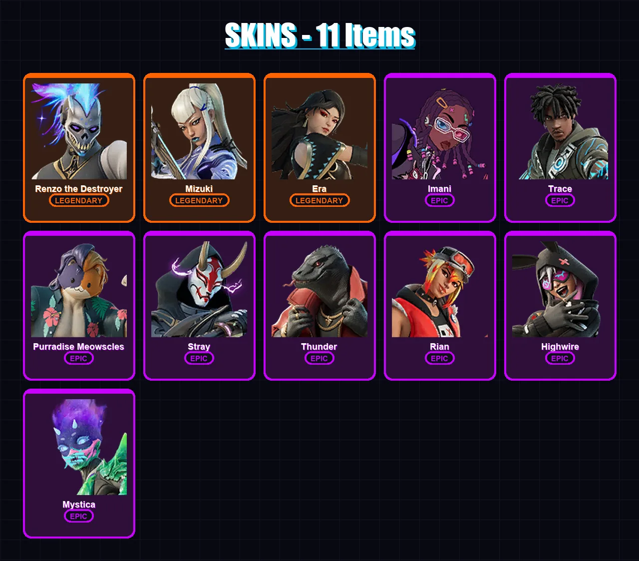 [PC/PSN] | Renzo the Destroyer | Mizuki | Era | Imani | Trace | 11 skin | 24 pickaxe | 21 emote | 28 glider | Lv394 — Fortnite account