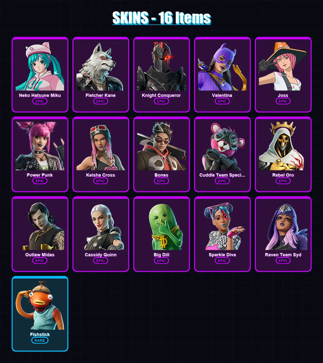 [PC/XBOX/PSN] | Neko Hatsune Miku | Fletcher Kane | Knight Conqueror | Valentina | Joss | 16 skin | 19 pickaxe | 17 emote | 15 glider | Lv91
