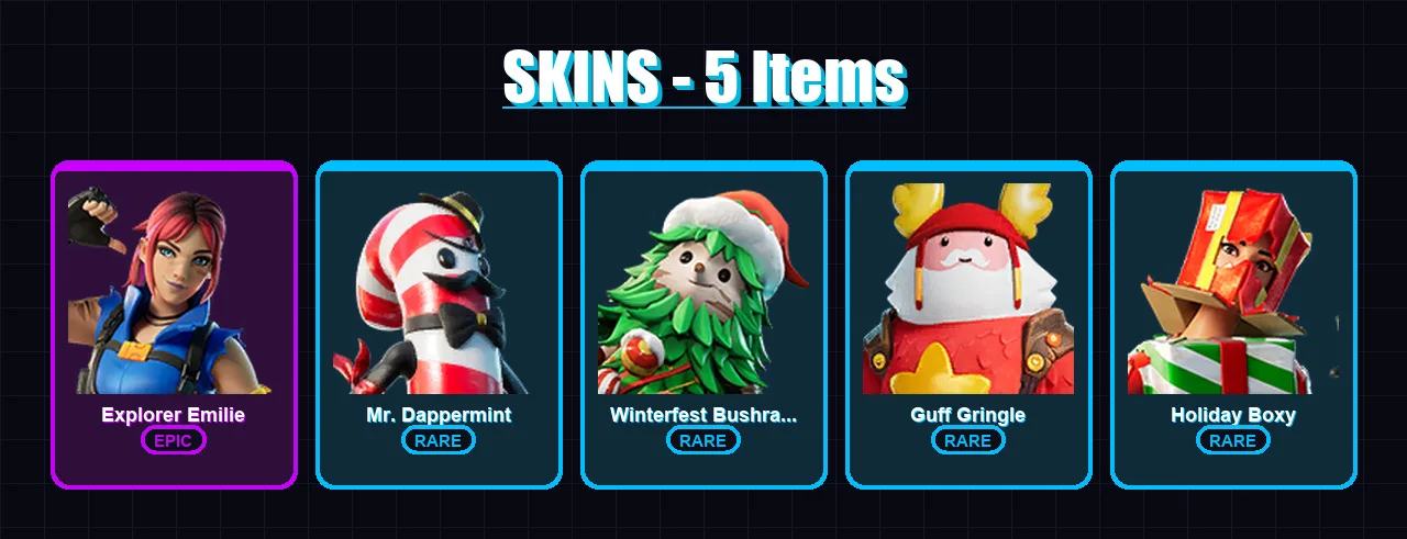 [PC/XBOX] | Explorer Emilie | Mr. Dappermint | Winterfest Bushranger | Guff Gringle | Holiday Boxy | 5 skin | 5 pickaxe | 3 emote | 7 glider | Lv76
