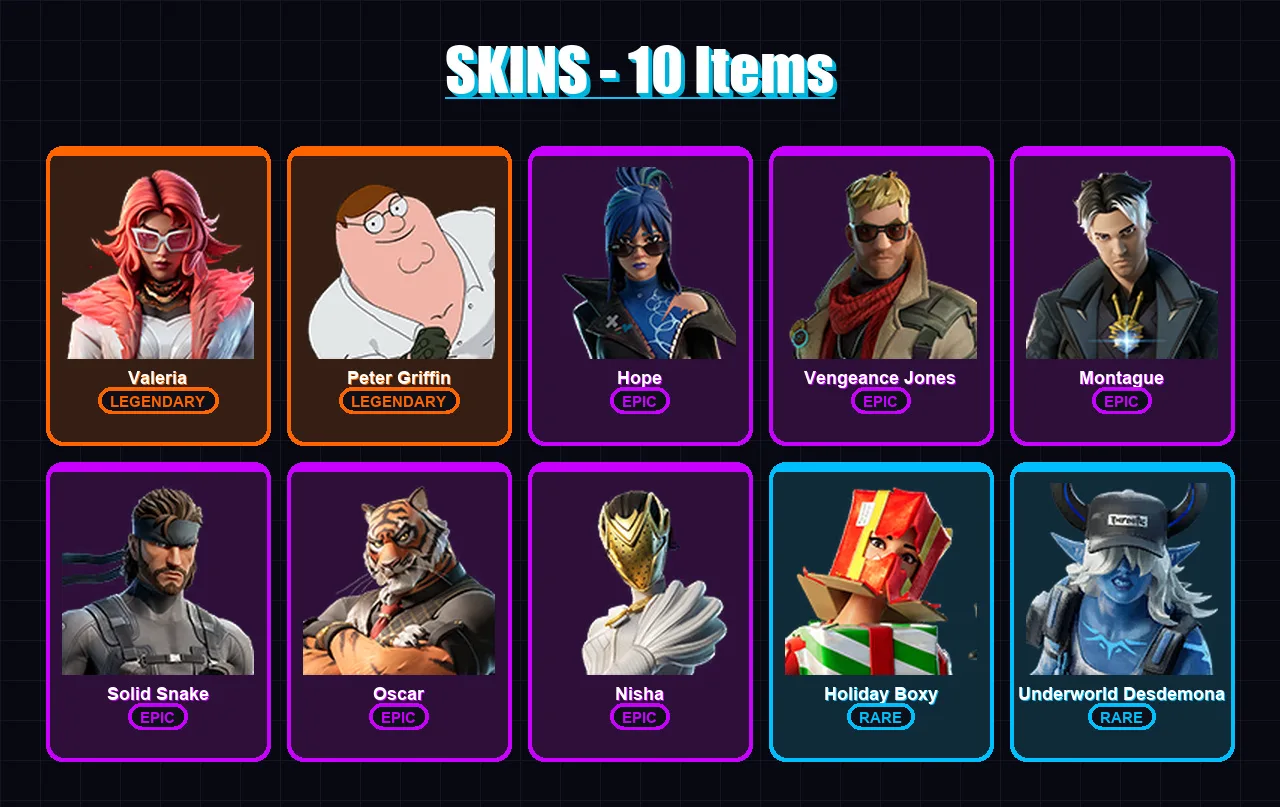 [PC/PSN] | Valeria | Peter Griffin | Hope | Vengeance Jones | Montague | 10 skin | 28 pickaxe | 20 emote | 31 glider | Lv571