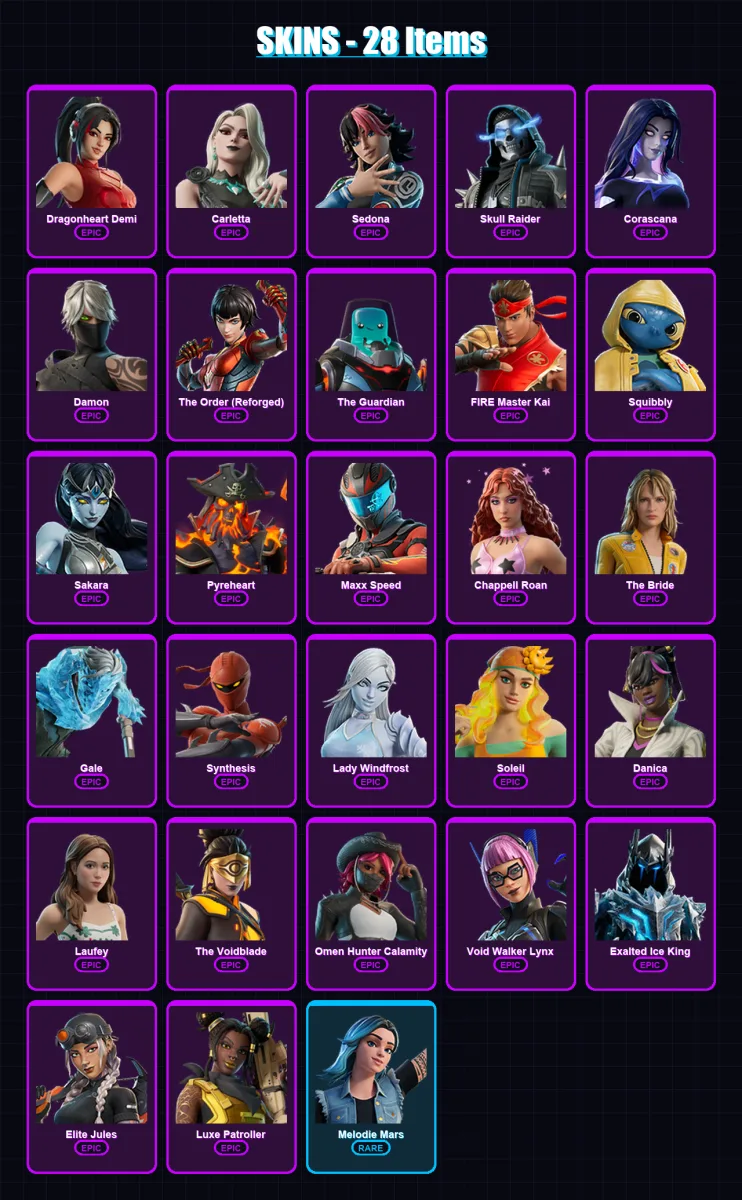 [PC/PSN] | Dragonheart Demi | Carletta | Sedona | Skull Raider | Corascana | 28 skin | 27 pickaxe | 9 emote | 13 glider | Lv74
