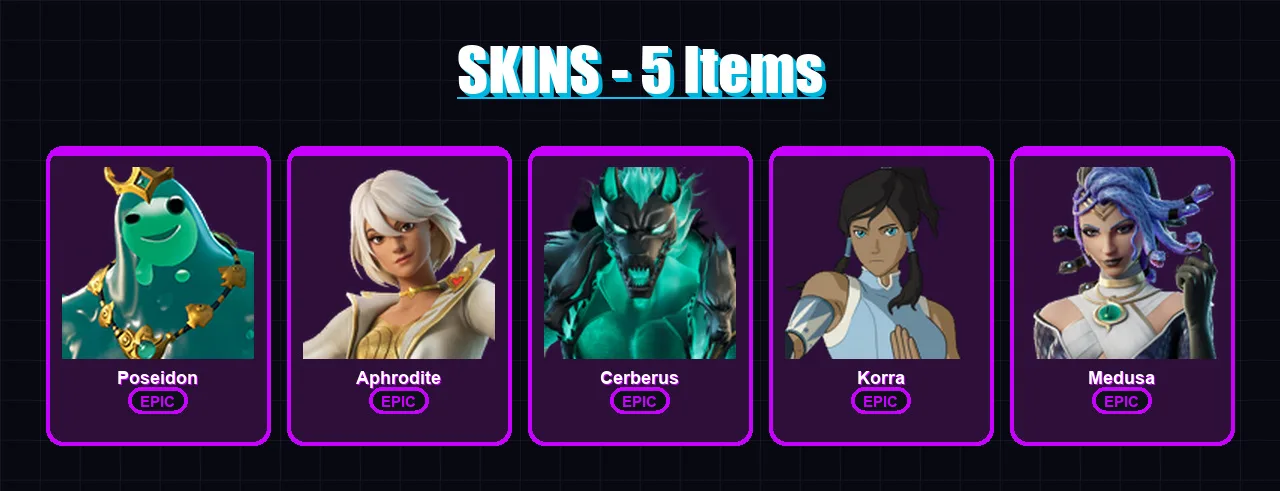 [PC/XBOX/PSN] | Poseidon | Aphrodite | Cerberus | Korra | Medusa | 5 skin | 8 pickaxe | 8 emote | 7 glider | Lv56