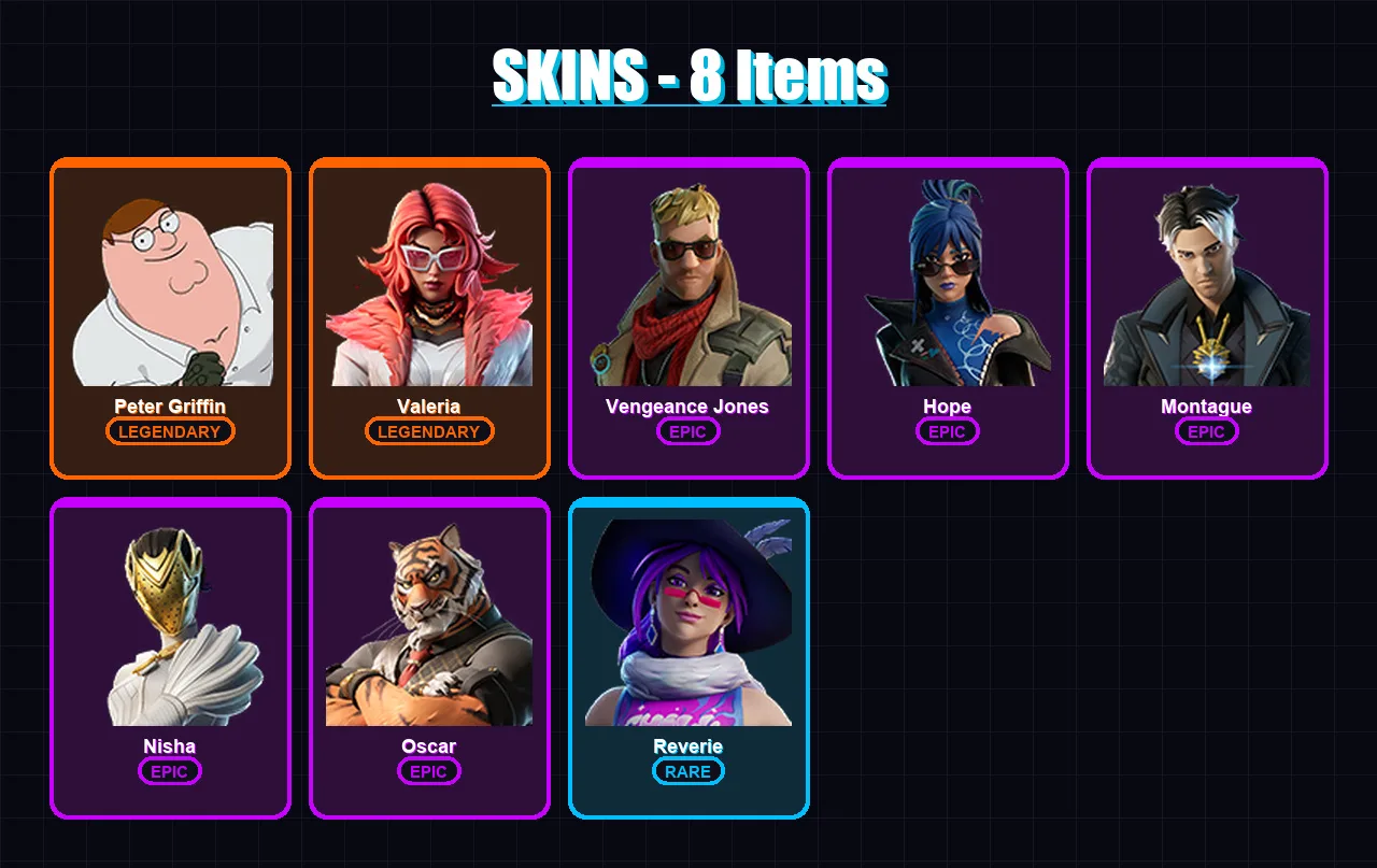 [PC/XBOX/PSN] | Peter Griffin | Valeria | Vengeance Jones | Hope | Montague | 8 skin | 17 pickaxe | 10 emote | 13 glider | Lv201