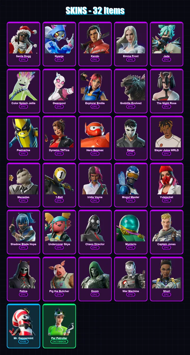 [PC/XBOX/PSN] | Santa Dogg | Nyanja | Kendo | Emma Frost | Jade | 32 skin | 74 pickaxe | 47 emote | 46 glider | Lv970