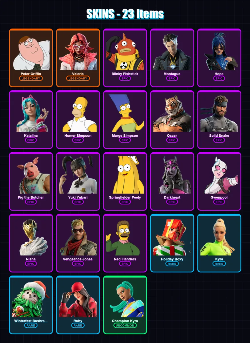 [PS4/PS5/XBOX/PC] | Peter Griffin | Valeria | Blinky Fishstick | Montague | Hope | 23 skin | 35 pickaxe | 45 emote | 34 glider | Lv419