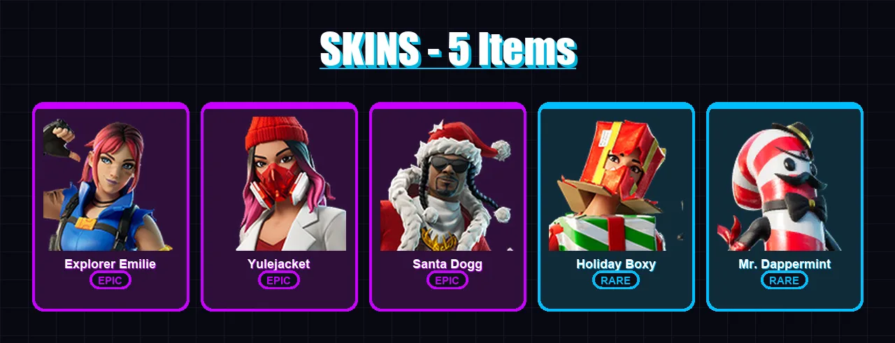 [PC/PSN] | Explorer Emilie | Yulejacket | Santa Dogg | Holiday Boxy | Mr. Dappermint | 5 skin | 18 pickaxe | 5 emote | 9 glider | Lv95