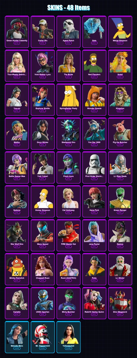 [PC/PSN] | Omen Hunter Calamity | Carter Wu | Agent Patch | Gale | Marge Simpson | 48 skin | 64 pickaxe | 42 emote | 29 glider | Lv408