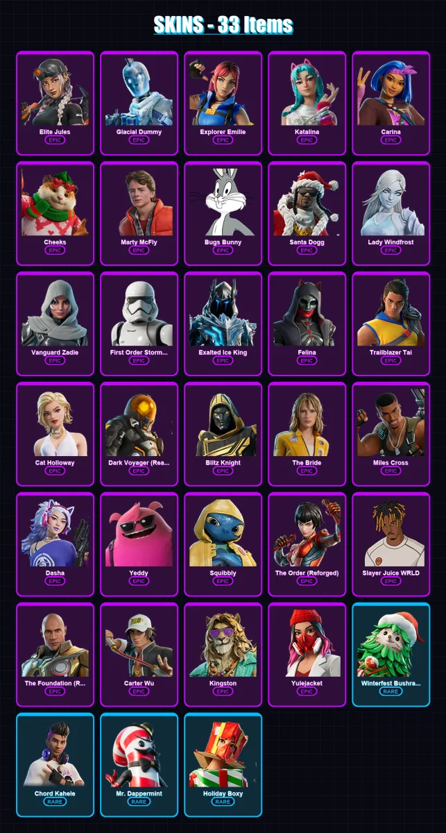 [PC/XBOX/PSN] | Elite Jules | Glacial Dummy | Explorer Emilie | Katalina | Carina | 33 skin | 98 pickaxe | 40 emote | 66 glider | Lv849