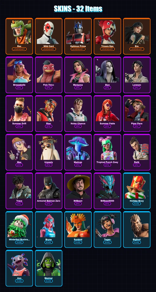 [PC/XBOX/PSN] | Rex | Wild Card | Optimus Prime | Tricera Ops | Era | 32 skin | 30 pickaxe | 15 emote | 24 glider | Lv214