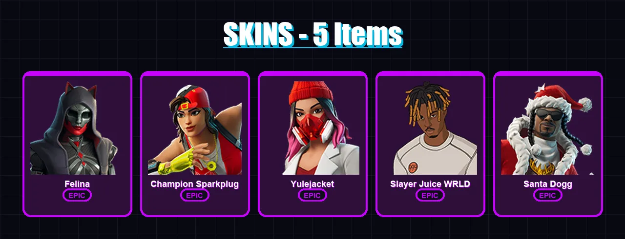 [PC/PSN] | Felina | Champion Sparkplug | Yulejacket | Slayer Juice WRLD | Santa Dogg | 5 skin | 24 pickaxe | 14 emote | 15 glider | Lv247