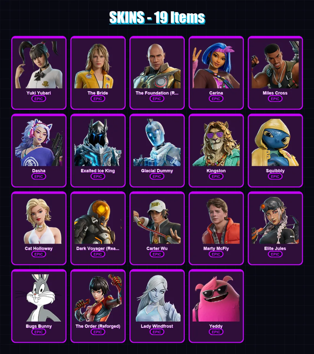 [PC] | Yuki Yubari | The Bride | The Foundation (Reforged) | Carina | Miles Cross | 19 skin | 35 pickaxe | 21 emote | 26 glider | Lv303
