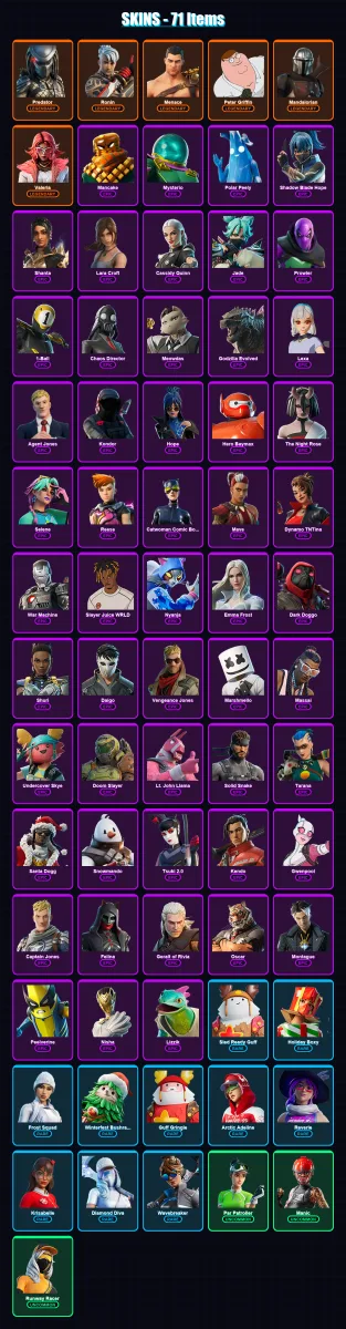 [PC/PSN] | Predator | Ronin | Menace | Peter Griffin | Mandalorian | 71 skin | 113 pickaxe | 82 emote | 91 glider | Lv1238