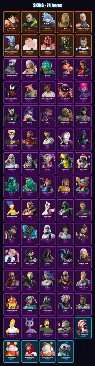 [PC/XBOX/PSN] | Son Goku | Twyn | Nezumi | Zeus | Paradigm (Reality-659) | 74 skin | 118 pickaxe | 85 emote | 83 glider | Lv1259