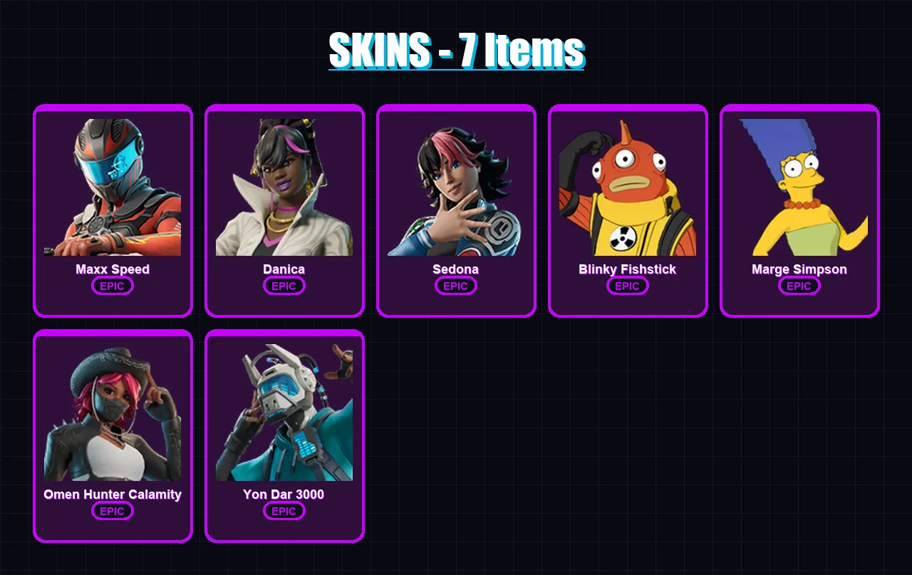 [PC/PSN] | Maxx Speed | Danica | Sedona | Blinky Fishstick | Marge Simpson | 7 skin | 13 pickaxe | 11 emote | 8 glider | Lv114