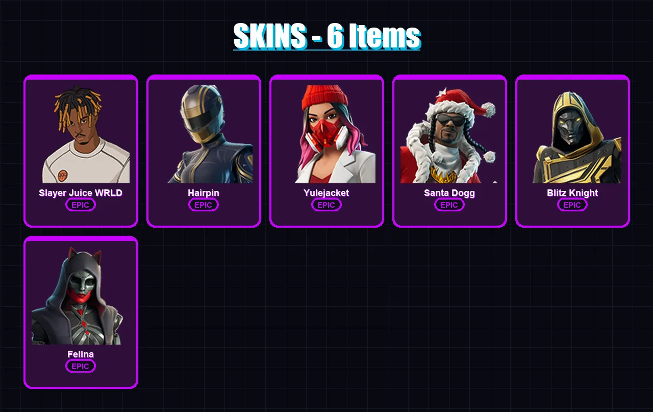 [PC/XBOX/PSN] | Slayer Juice WRLD | Hairpin | Yulejacket | Santa Dogg | Blitz Knight | 6 skin | 44 pickaxe | 15 emote | 29 glider | Lv555