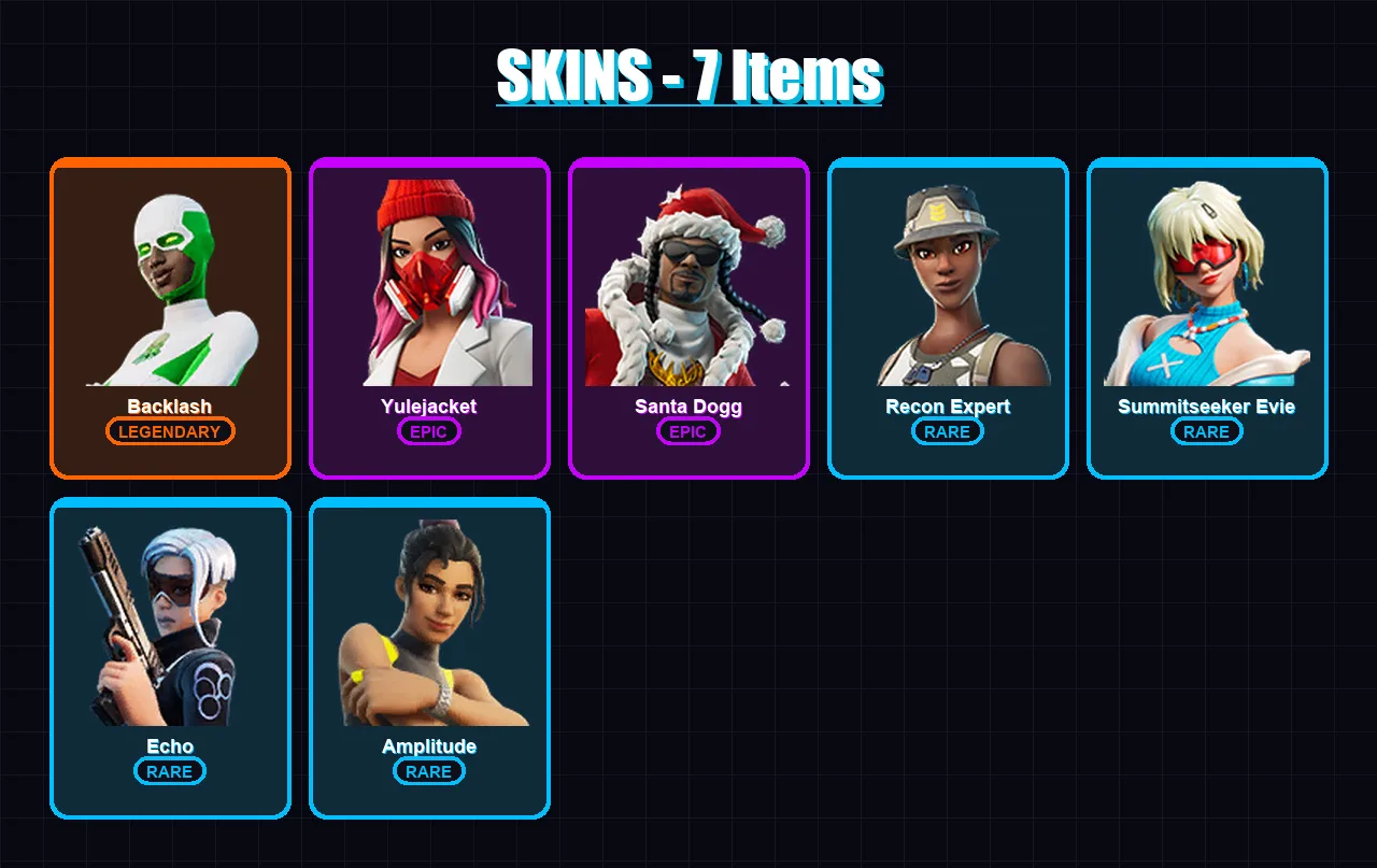 [PC/XBOX/PSN] | Backlash | Yulejacket | Santa Dogg | Recon Expert | Summitseeker Evie | 7 skin | 24 pickaxe | 16 emote | 16 glider | Lv219