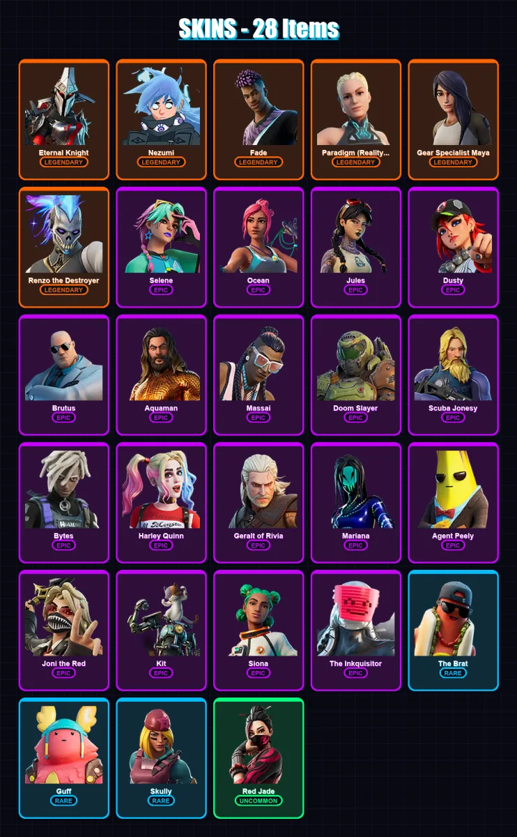[PC] | Eternal Knight | Nezumi | Fade | Paradigm (Reality-659) | Gear Specialist Maya | 28 skin | 24 pickaxe | 28 emote | 28 glider | Lv290