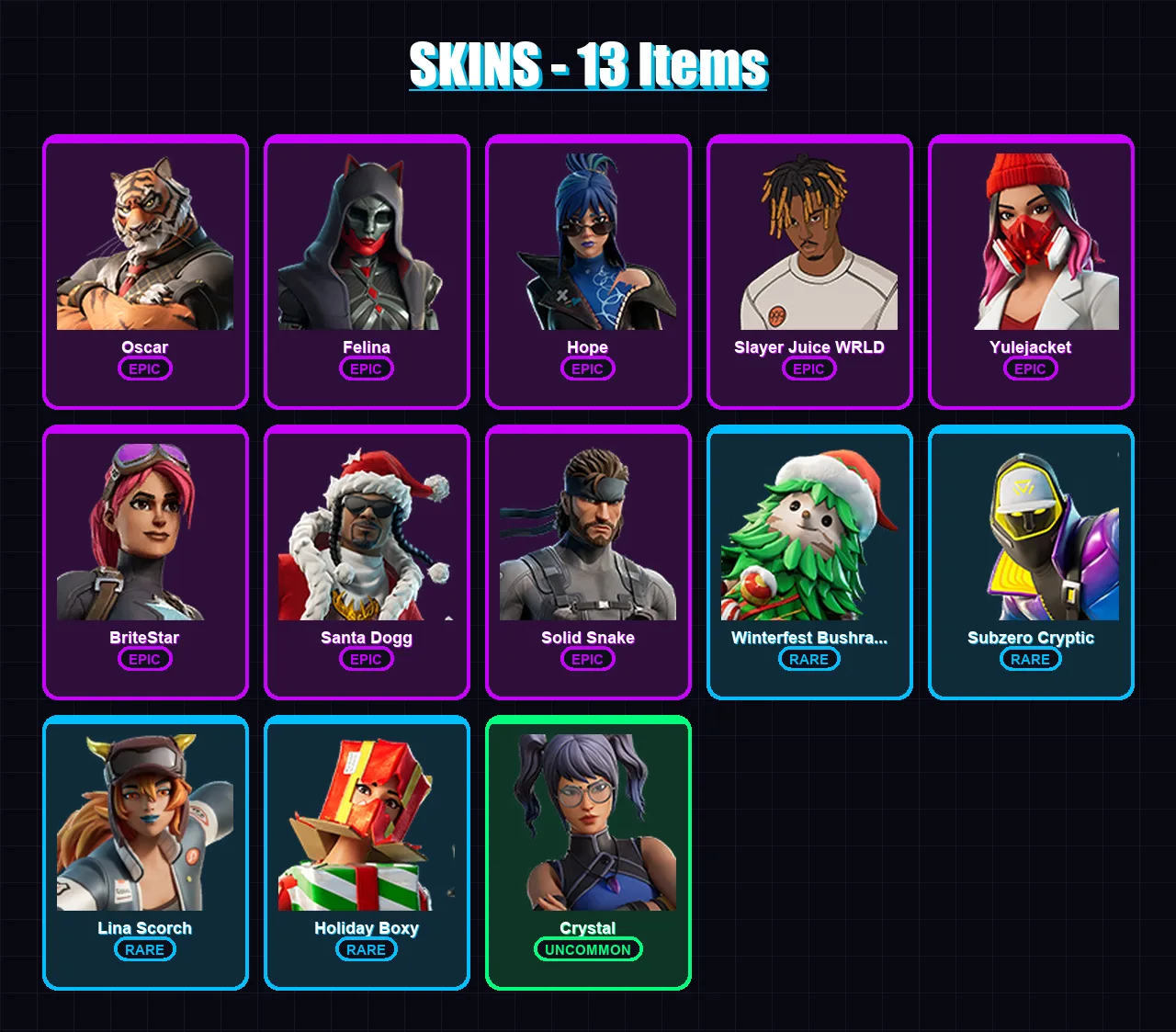 [PC/XBOX] | Oscar | Felina | Hope | Slayer Juice WRLD | Yulejacket | 13 skin | 49 pickaxe | 23 emote | 38 glider | Lv349