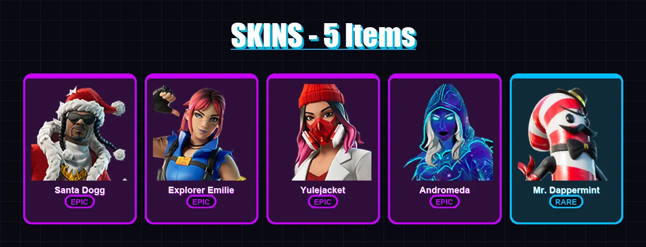 [PS4/PS5/XBOX/PC] | Santa Dogg | Explorer Emilie | Yulejacket | Andromeda | Mr. Dappermint | 5 skin | 6 pickaxe | 2 emote | 1 glider | Lv12