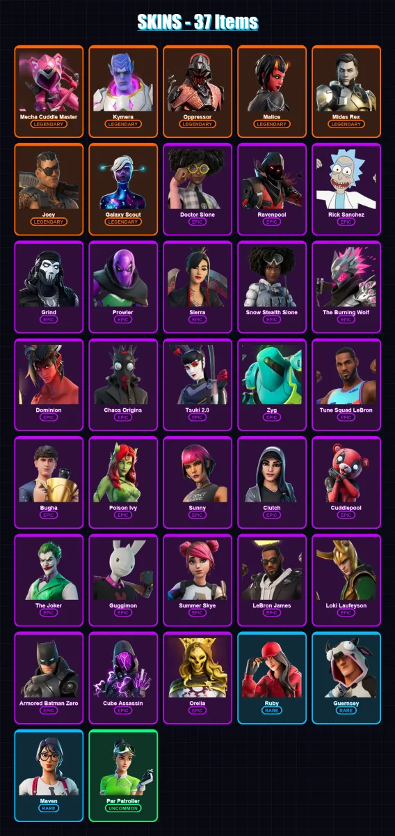 [PC/XBOX/PSN] | Mecha Cuddle Master | Kymera | Oppressor | Malice | Midas Rex | 37 skin | 28 pickaxe | 14 emote | 23 glider | Lv156