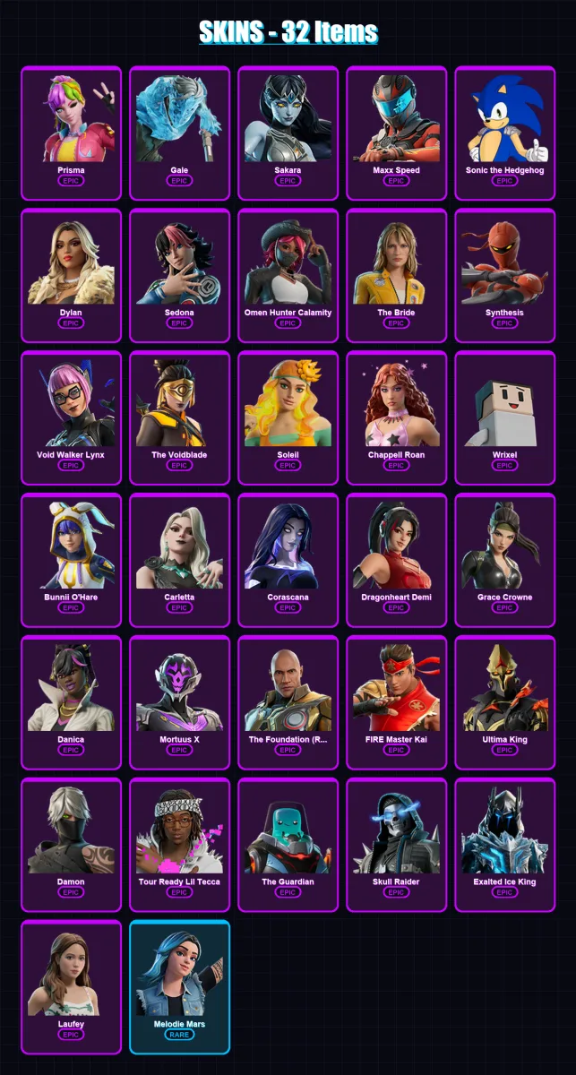 [PC/PSN] | Prisma | Gale | Sakara | Maxx Speed | Sonic the Hedgehog | 32 skin | 19 pickaxe | 3 emote | 9 glider | Lv19