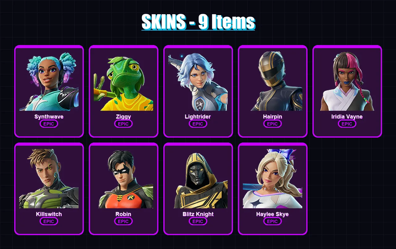 [PC/XBOX/PSN] | Synthwave | Ziggy | Lightrider | Hairpin | Iridia Vayne | 9 skin | 49 pickaxe | 23 emote | 40 glider | Lv408