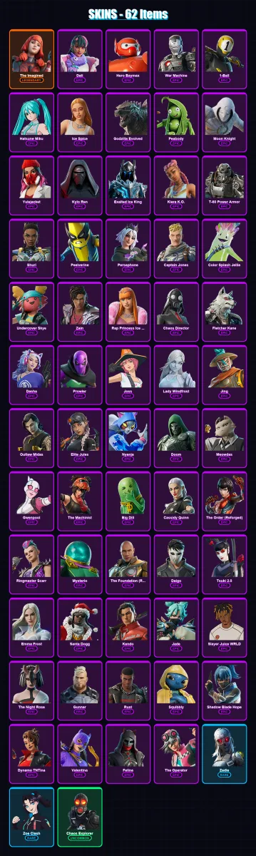 [PC/XBOX/PSN] | The Imagined | Dali | Hero Baymax | War Machine | 1-Ball | 62 skin | 115 pickaxe | 73 emote | 79 glider | Lv1137