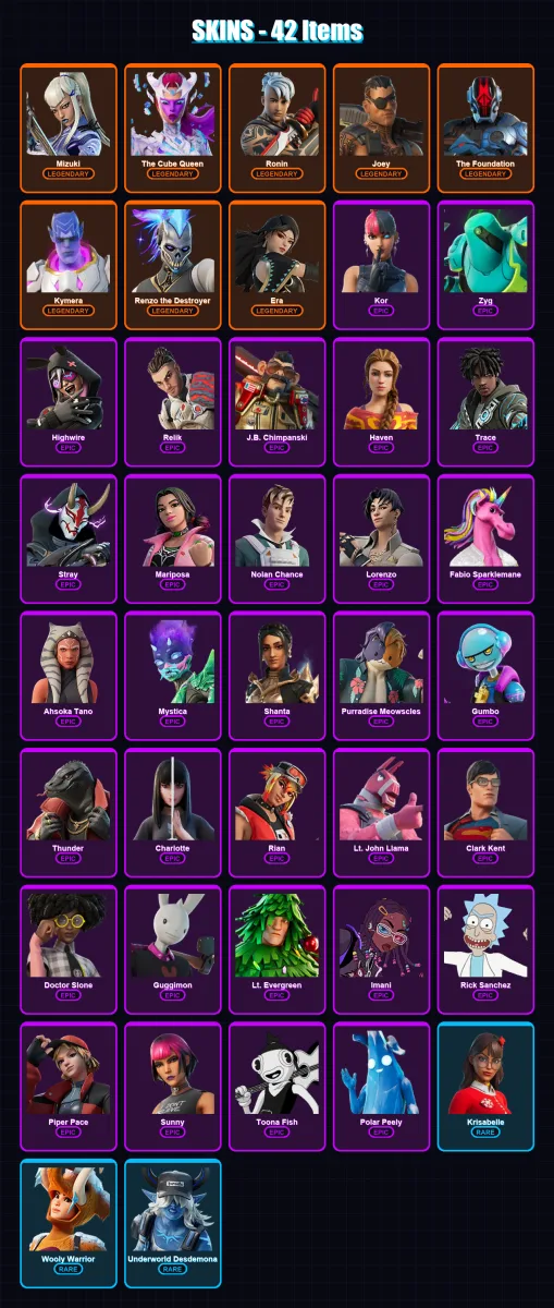 [PC/XBOX/PSN] | Mizuki | The Cube Queen | Ronin | Joey | The Foundation | 42 skin | 52 pickaxe | 46 emote | 56 glider | Lv746