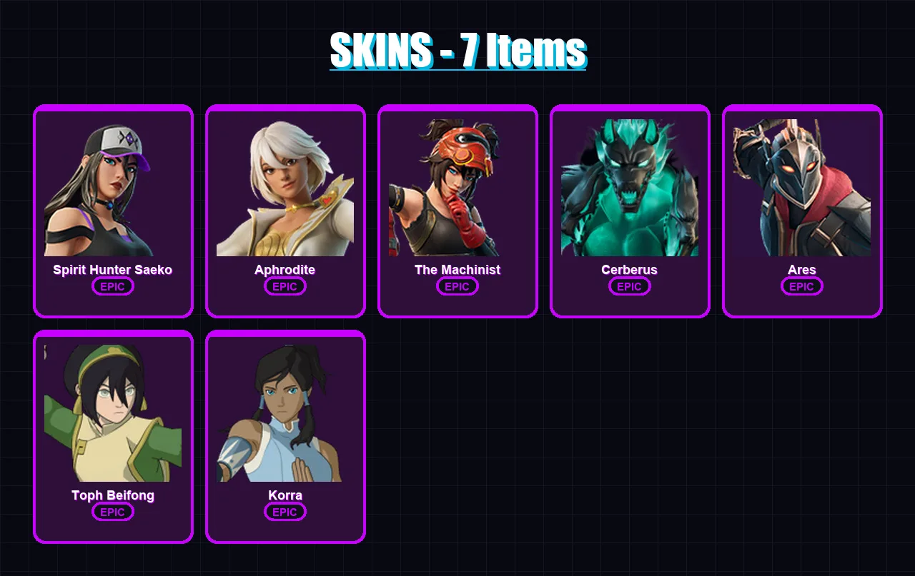 [PC/XBOX/PSN] | Spirit Hunter Saeko | Aphrodite | The Machinist | Cerberus | Ares | 7 skin | 7 pickaxe | 7 emote | 6 glider | Lv39