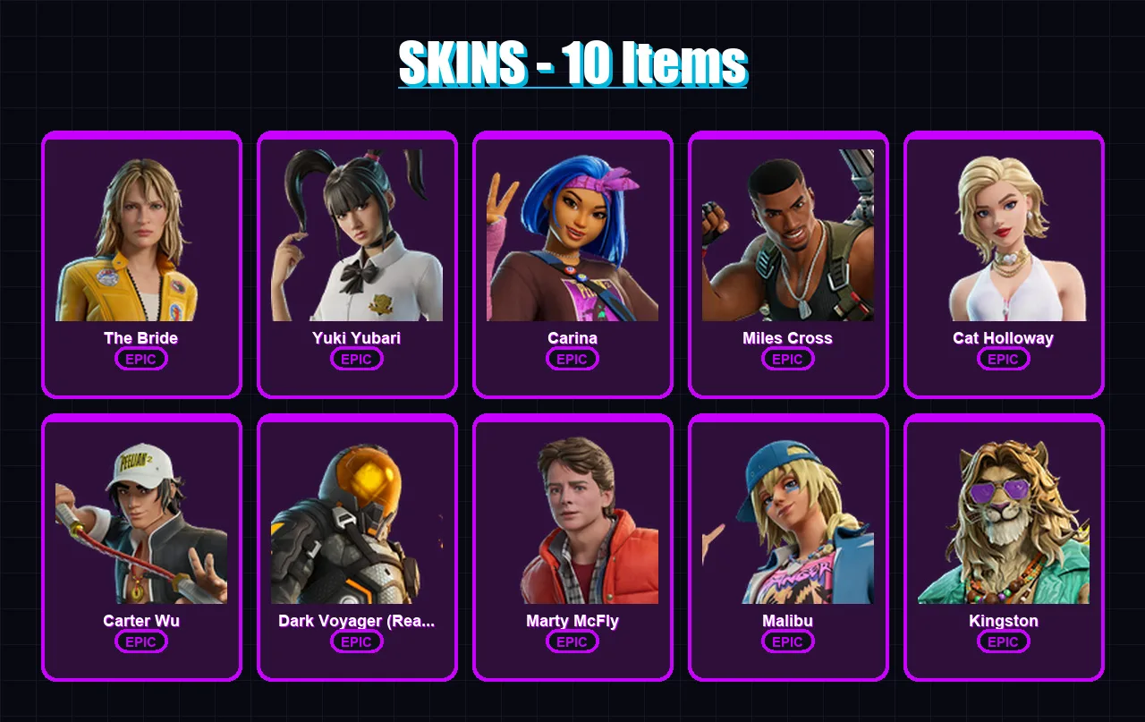 [PC/XBOX/PSN] | The Bride | Yuki Yubari | Carina | Miles Cross | Cat Holloway | 10 skin | 19 pickaxe | 16 emote | 14 glider | Lv198