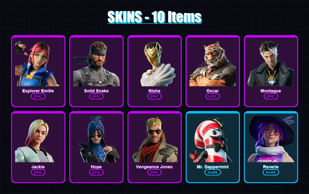 [PC/XBOX/PSN] | Explorer Emilie | Solid Snake | Nisha | Oscar | Montague | 10 skin | 8 pickaxe | 7 emote | 8 glider | Lv73