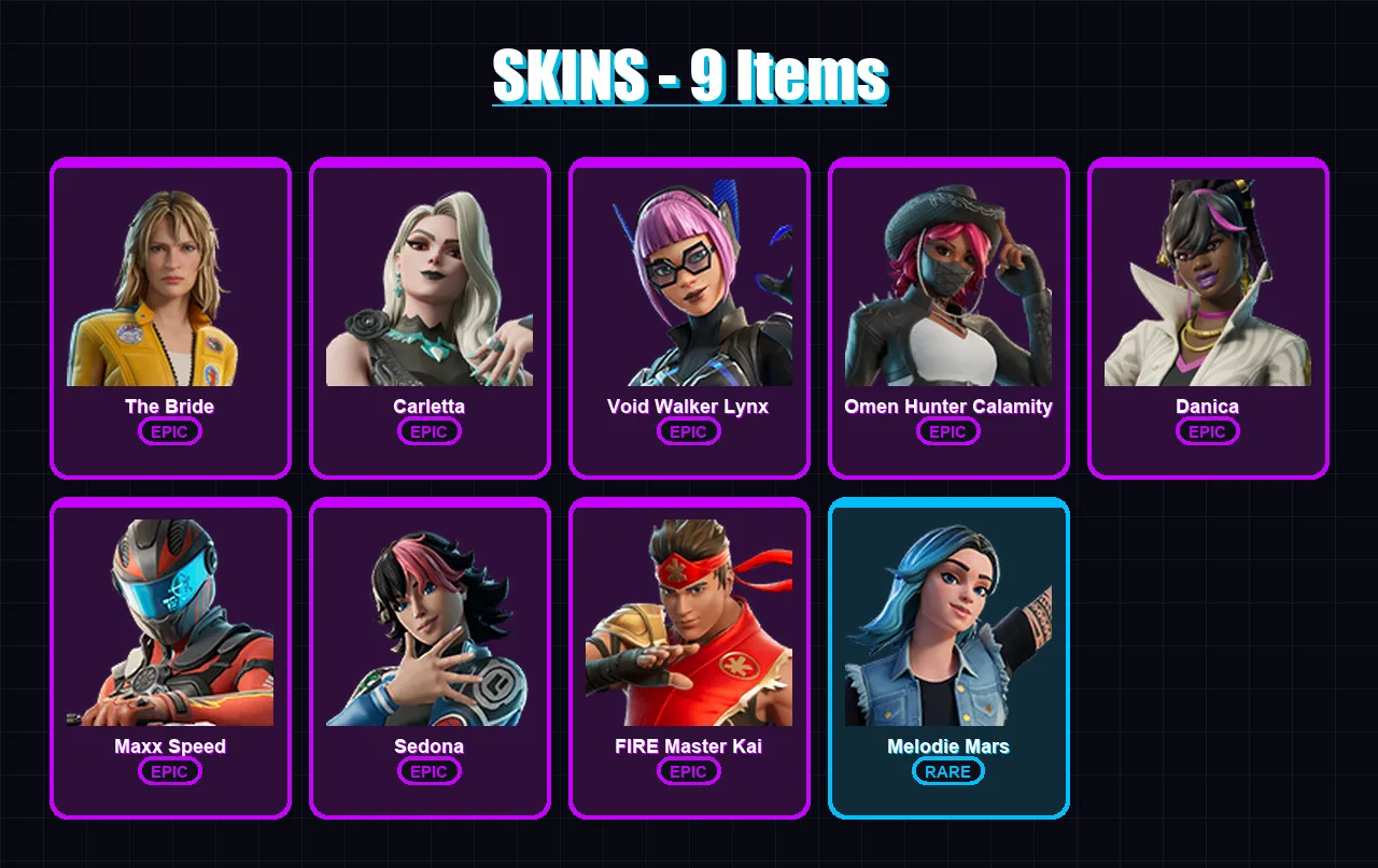 [PC/PSN] | The Bride | Carletta | Void Walker Lynx | Omen Hunter Calamity | Danica | 9 skin | 5 pickaxe | 7 emote | 5 glider | Lv95