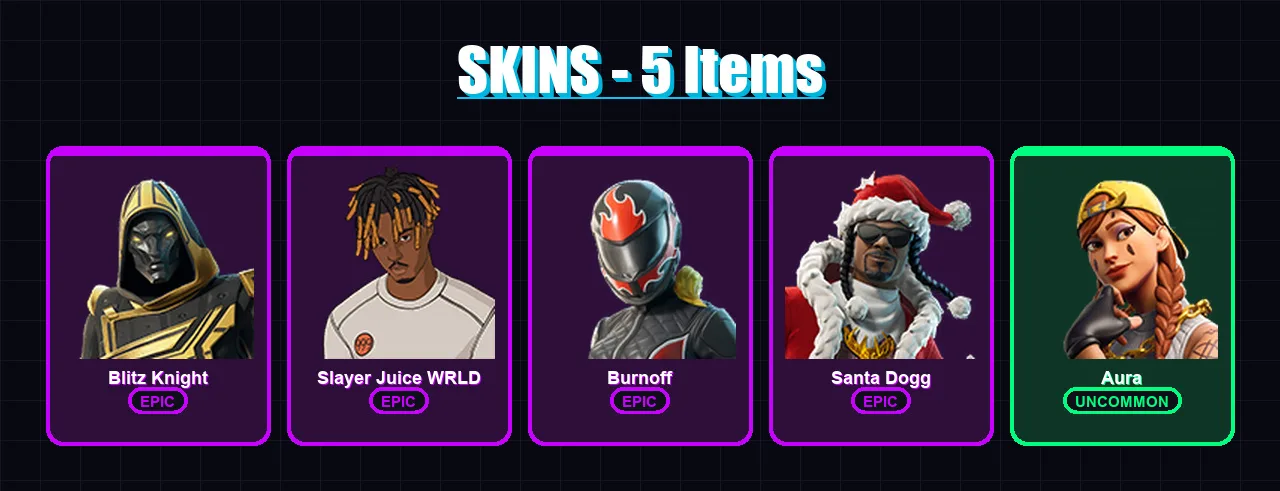 [PC/XBOX/PSN] | Blitz Knight | Slayer Juice WRLD | Burnoff | Santa Dogg | Aura | 5 skin | 46 pickaxe | 14 emote | 22 glider | Lv494