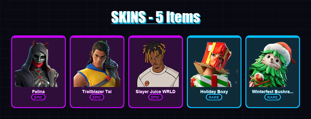 [PC/PSN] | Felina | Trailblazer Tai | Slayer Juice WRLD | Holiday Boxy | Winterfest Bushranger | 5 skin | 22 pickaxe | 12 emote | 13 glider | Lv310