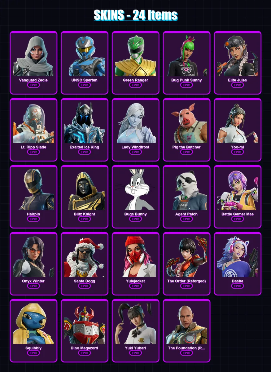 [PC/XBOX/PSN] | Vanguard Zadie | UNSC Spartan | Green Ranger | Bug Punk Sunny | Elite Jules | 24 skin | 77 pickaxe | 35 emote | 47 glider | Lv798