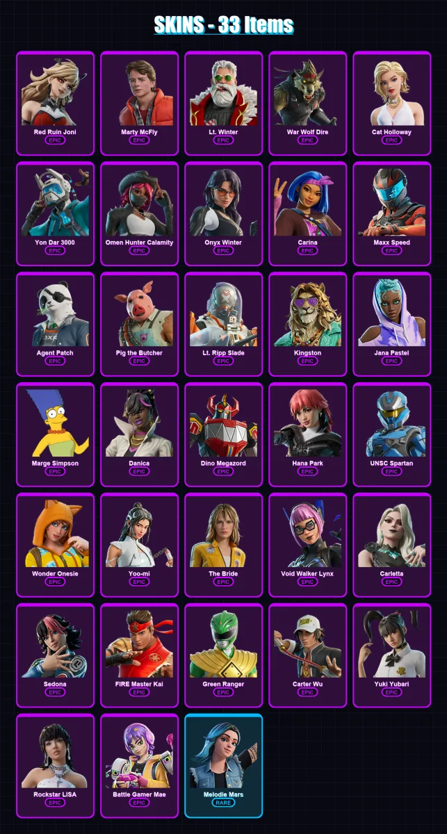 [PC/XBOX/PSN] | Red Ruin Joni | Marty McFly | Lt. Winter | War Wolf Dire | Cat Holloway | 33 skin | 40 pickaxe | 37 emote | 20 glider | Lv244