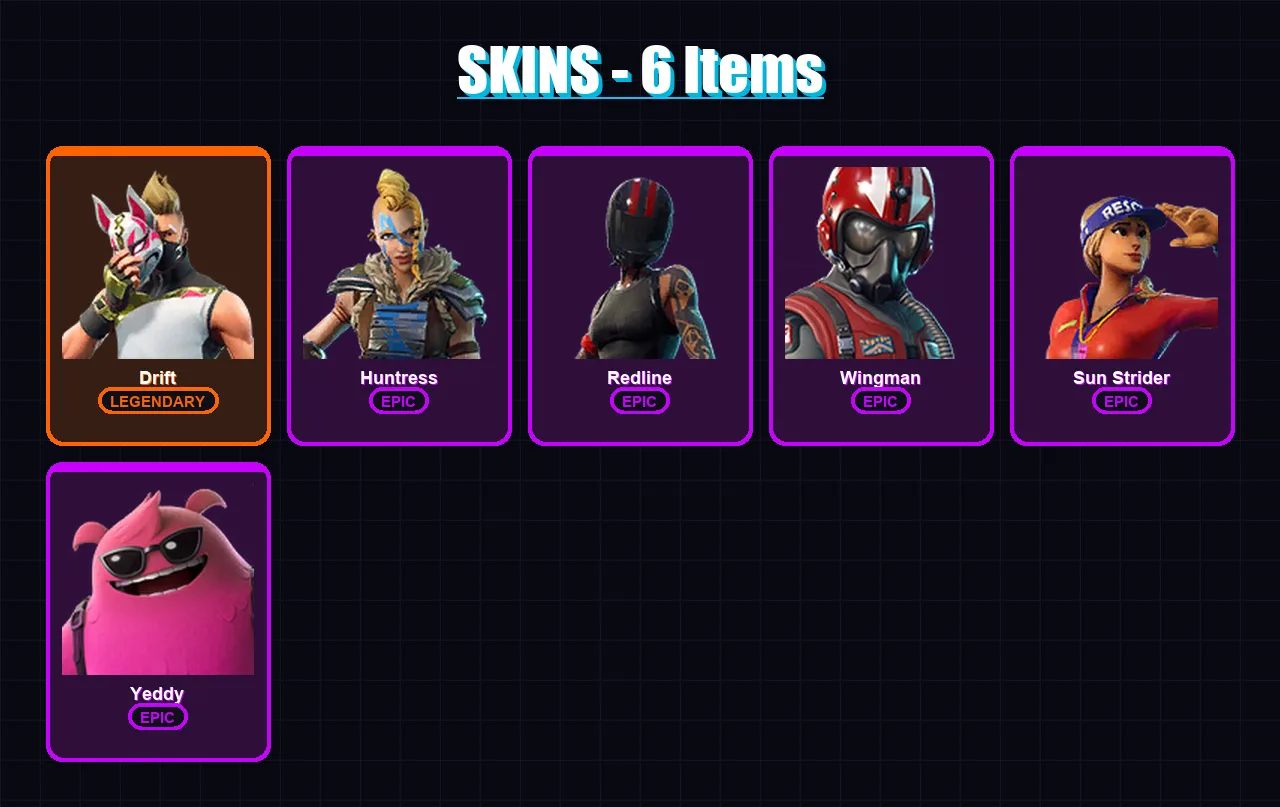 [PC/PSN] | Drift | Huntress | Redline | Wingman | Sun Strider | 6 skin | 4 pickaxe | 6 emote | 5 glider | Lv39