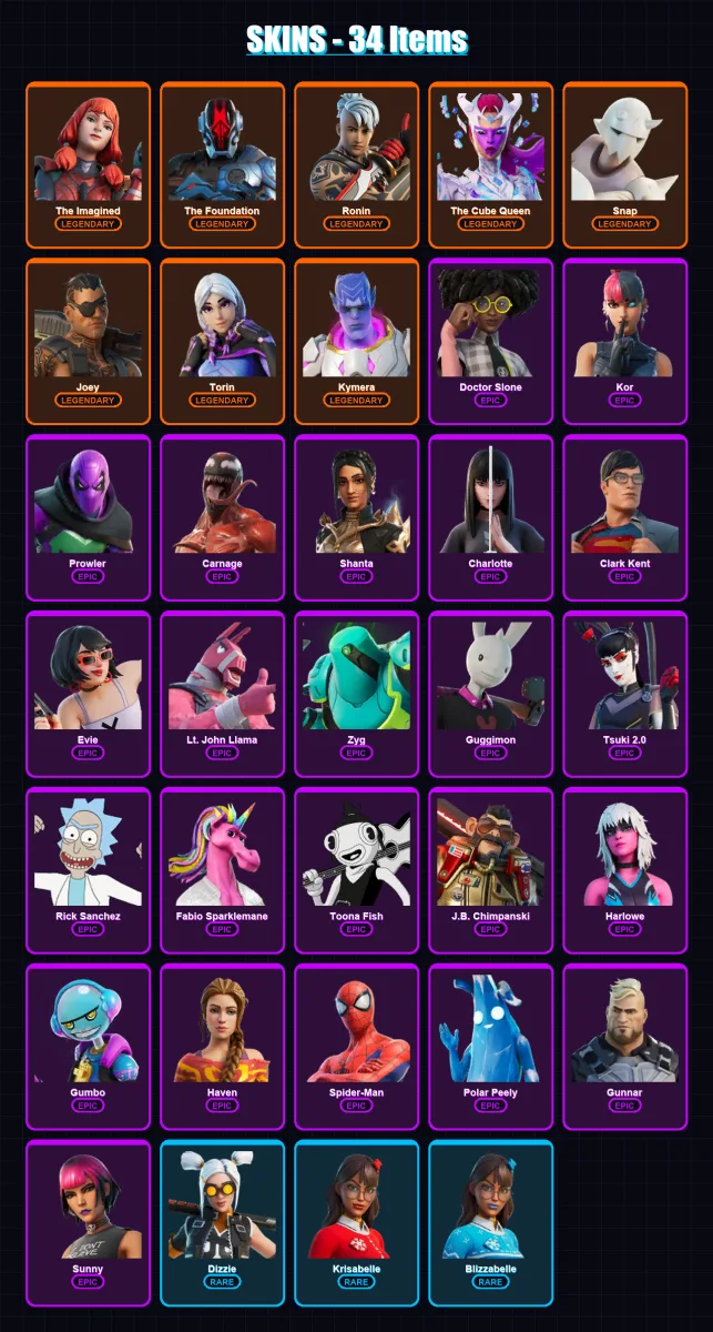 [PS4/PS5/XBOX/PC] | The Imagined | The Foundation | Ronin | The Cube Queen | Snap | 34 skin | 44 pickaxe | 30 emote | 45 glider | Lv707 — Fortnite account