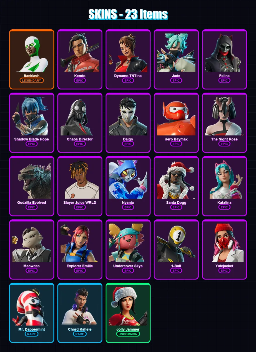 [PC/XBOX/PSN] | Backlash | Kendo | Dynamo TNTina | Jade | Felina | 23 skin | 41 pickaxe | 26 emote | 30 glider | Lv484