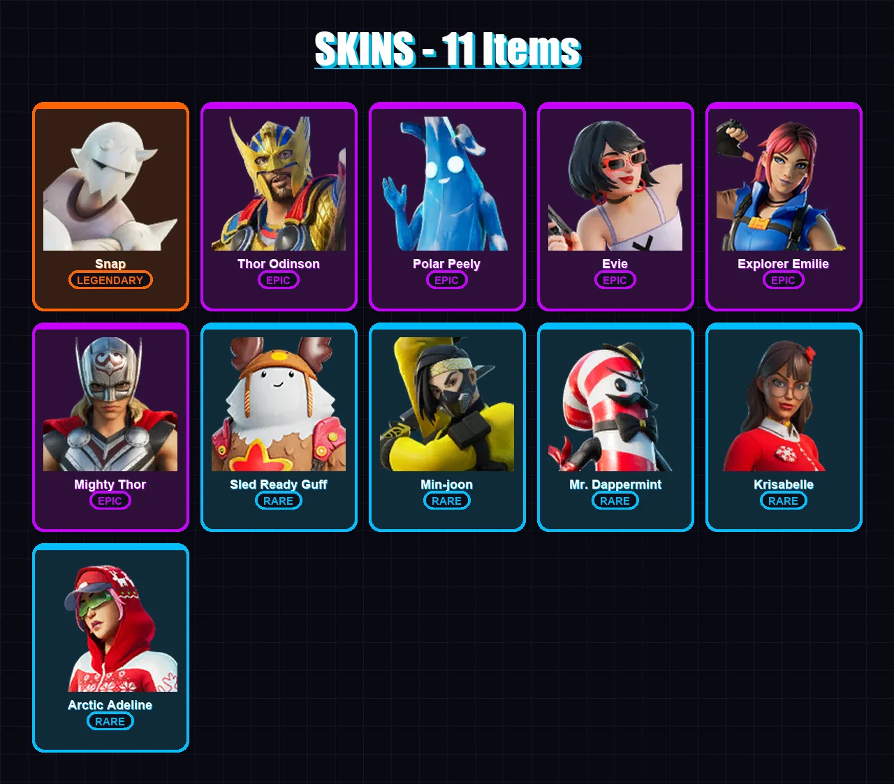 [PC/PSN] | Snap | Thor Odinson | Polar Peely | Evie | Explorer Emilie | 11 skin | 13 pickaxe | 5 emote | 13 glider | Lv54